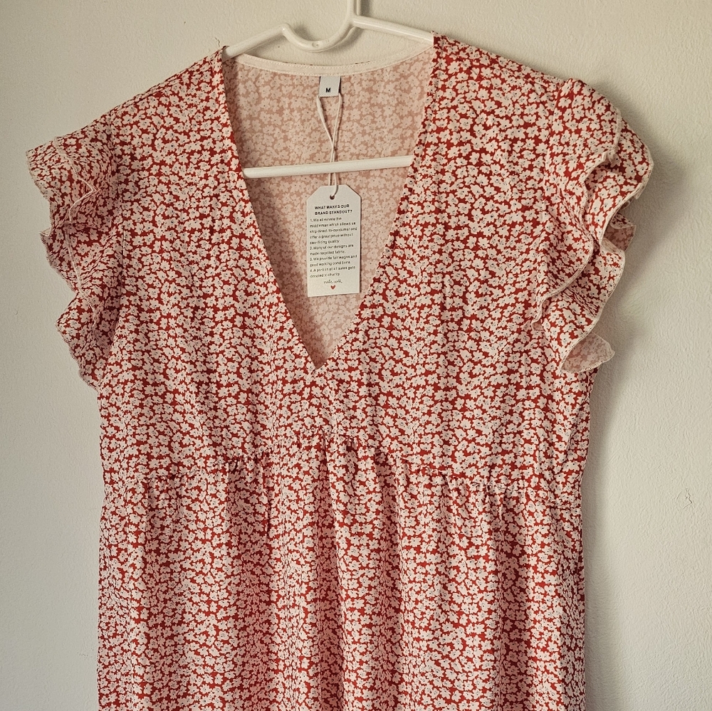 Red and White Floral V-Neck Dress